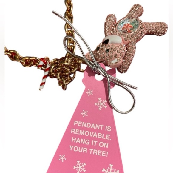 BETSEY JOHNSON Christmas Teddy Bear Pink Inlay Crystal Necklace Belly Charms NWT - Picture 8 of 9